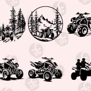 May include: Black and white silhouette illustrations of four different ATV vehicles. The first ATV is driving through a forest, the second is driving through a mountain landscape, the third is driving on a flat surface, and the fourth is being driven by two people.