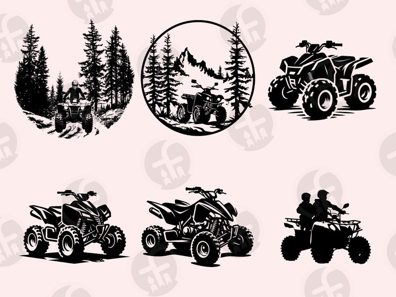 May include: Black and white silhouette illustrations of four different ATV vehicles. The first ATV is driving through a forest, the second is driving through a mountain landscape, the third is driving on a flat surface, and the fourth is being driven by two people.