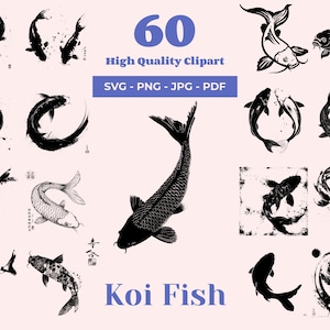 Koi Fish SVG Bundle - 60 Cut Files - Japanese Hand-Drawn Motifs - Black and White Art - Traditional Koi Clipart
