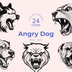 怒った犬 SVG - ベクター画像 24 枚 - 白黒 - 怒った犬のイラスト - 即時ダウンロード
