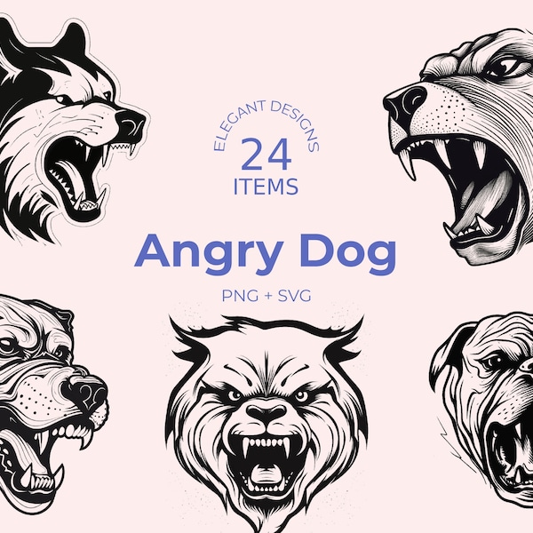 Angry Dog SVG - 24 Vector images - Black and White - Furious Canine Illustration - Instant Download