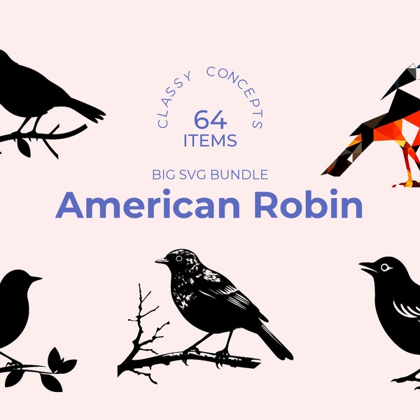 American Robin SVG Collection - 64 Unique Black and White Bird Silhouettes - Perfect for Nature Lovers and Craft Enthusiasts