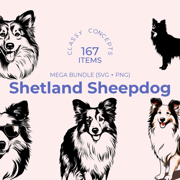 Shetland Sheepdog SVG-Bundle - 167 Schnittdateien - Sheltie Silhouette Designs - Hundeliebhaber Geschenk - Ideal zum Basteln - Rasse Kunstwerk