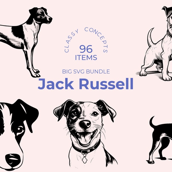 Jack Russel SVG Bundle - 96 Schnittdateien - Verspielte Hundekunst - Hunderassen Illustrationen - Terrier Silhouetten - Aktive Hunde Designs