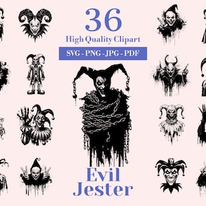 Paquete SVG de bufón malvado: 36 diseños, imágenes prediseñadas de payaso espeluznante, bufón de terror imprimible para Cricut y corte láser, carnaval PNG