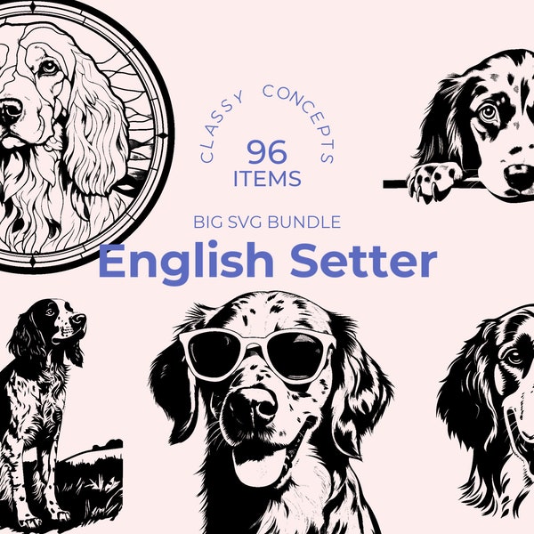 Set de Setter anglais SVG - 96 fichiers coupés - Art chien de sport classique - Sublimation et PNG transparent - Clipart canin gracieux