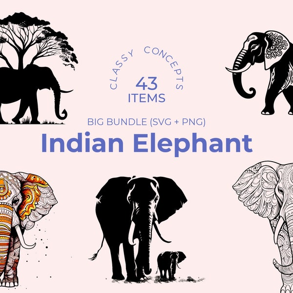 Indian Elephant SVG Bundle - 43 Cut Files - Sacred Animal of India in Black and White, Assorted Styles, Ideal for Home Decor and Crafts