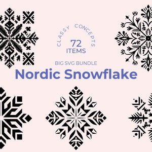 Pacchetto SVG di fiocchi di neve nordici - 72 file di taglio - Inverno scandinavo - Silhouette - Bianco e nero - Design natalizio - Capodanno