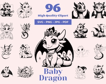 May include: A set of 96 black and white illustrations of baby dragons in various poses. The illustrations include dragons wearing crowns, playing music, reading books, and flying. The text "Baby Dragon" is written in large letters at the bottom of the image.