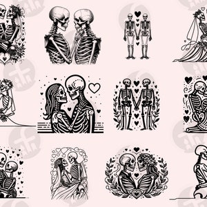 May include: A set of ten black and white illustrations of skeleton couples in various poses, including dancing, holding hands, and kissing. The illustrations are surrounded by hearts and other romantic symbols.