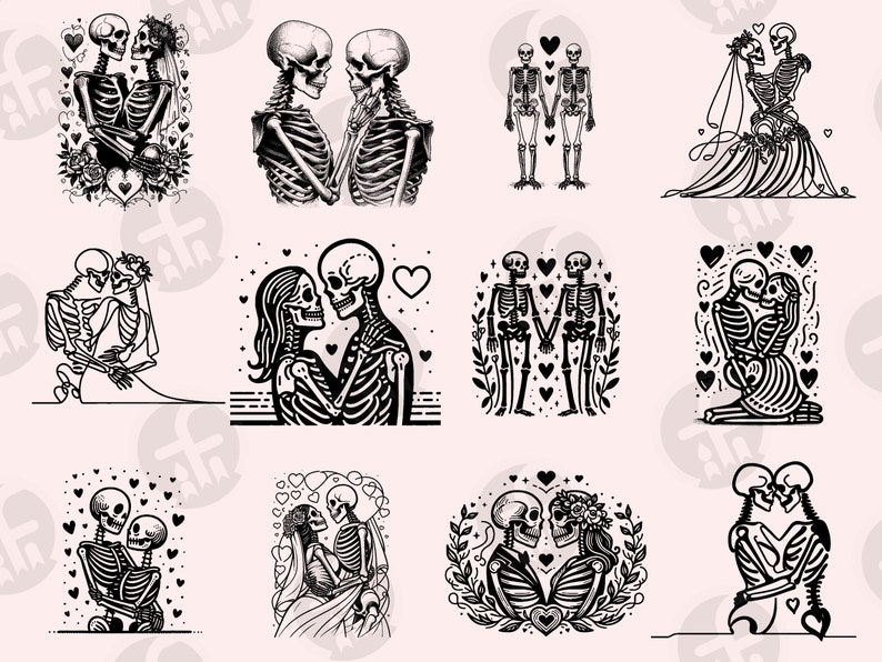 May include: A set of ten black and white illustrations of skeleton couples in various poses, including dancing, holding hands, and kissing. The illustrations are surrounded by hearts and other romantic symbols.