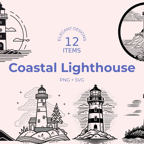 Lighthouse SVG - 12 Minimalist Line Art - Nautical Beacon Clipart  - Monochrome Design - Digital Download