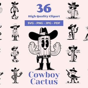 Paquete SVG de cactus de vaquero: 36 diseños, imágenes prediseñadas occidentales, arte divertido, cactus SVG para Cricut, decoración con sombrero y botas de vaquero, archivos láser