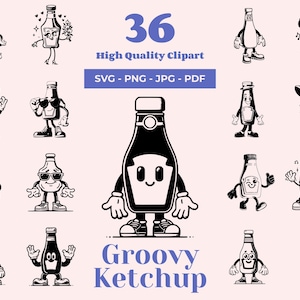 Ketchup SVG Bundle - 36 modèles - style cartoon rétro - clipart original - parfait pour les travaux manuels Cricut - fichiers laser - décoration vintage de cuisine