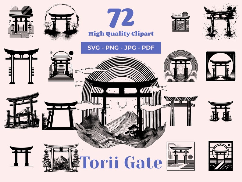 May include: A set of 72 black and white vector illustrations of Japanese Torii gates. The gates are depicted in various styles, including traditional, modern, and abstract. The illustrations are perfect for use in digital and print projects.
