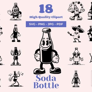 Pacchetto SVG bottiglia di soda - 18 design - Design magliette retrò - Stile cartone animato vintage - Grafica carina e stravagante - Clipart SVG - Bottiglia PNG