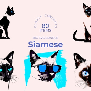 Paquete SVG de gato siamés: 80 archivos de corte únicos, puntos de color llamativos, cuerpo esbelto, belleza tailandesa, diseños listos para sublimación y Cricut