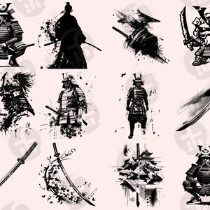 A stunning assortment of samurai-themed clipart showcasing warriors in full armor, dynamic combat poses, and artistic katana designs. Includes iconic samurai helmets, traditional Japanese landscapes, and modern splatter art styles for dramatic effect