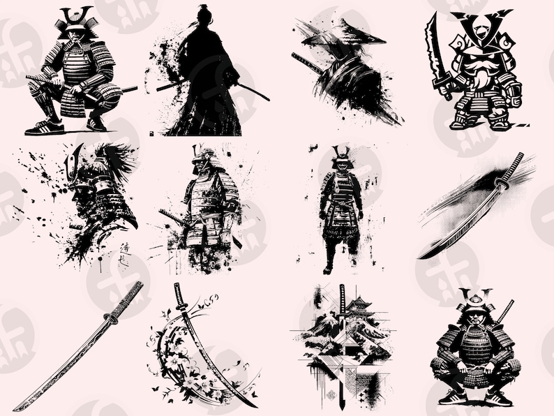 A stunning assortment of samurai-themed clipart showcasing warriors in full armor, dynamic combat poses, and artistic katana designs. Includes iconic samurai helmets, traditional Japanese landscapes, and modern splatter art styles for dramatic effect