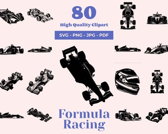Puede incluir: Un conjunto de 80 imágenes en silueta en blanco y negro de coches de carreras de Fórmula 1 y un casco. Las imágenes están en varias poses, incluyendo vistas laterales, vistas superiores y vistas frontales. El texto "80 High Quality Clipart" y "SVG - PNG - JPG - PDF" se muestra encima de las imágenes. El texto "Formula Racing" se muestra debajo de las imágenes.