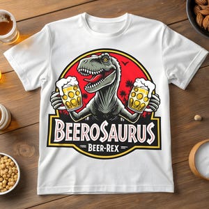 BeeroSaurus SVG - Design divertente per maglietta con dinosauro - Beer Rex SVG - Clipart ispirata a Jurassic Park - Maglietta per amanti della birra SVG - Download digitale