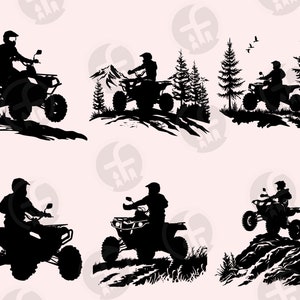 May include: Silhouettes of four people riding all-terrain vehicles (ATVs) in different outdoor settings. The ATVs are black and the riders are wearing helmets. The backgrounds include trees, mountains, and rocks.