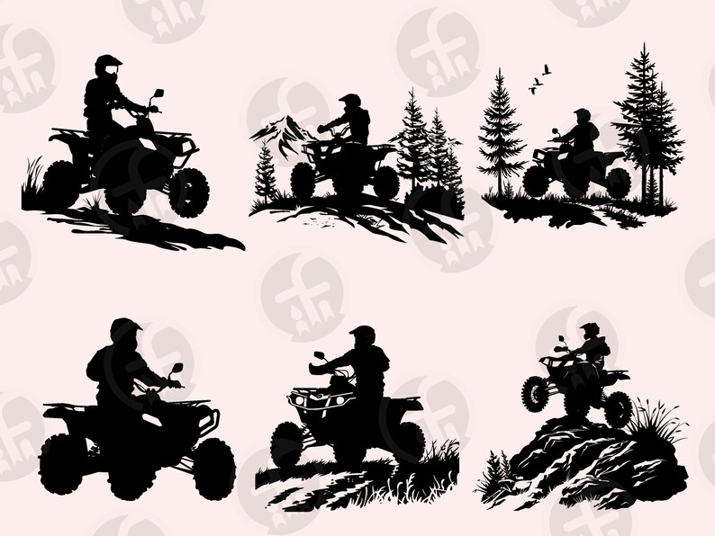 May include: Silhouettes of four people riding all-terrain vehicles (ATVs) in different outdoor settings. The ATVs are black and the riders are wearing helmets. The backgrounds include trees, mountains, and rocks.