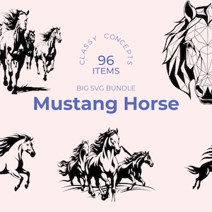 Bundle SVG cheval Mustang - 96 modèles uniques - esprit sauvage - chevaux errants gratuits - art équin - fichiers pour sublimation