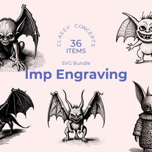 Bundle SVG lutin - 36 modèles - SVG monstre - clipart enfer - gravure laser - svg Glowforge - Fiend PNG - Dark Academia - noir et blanc