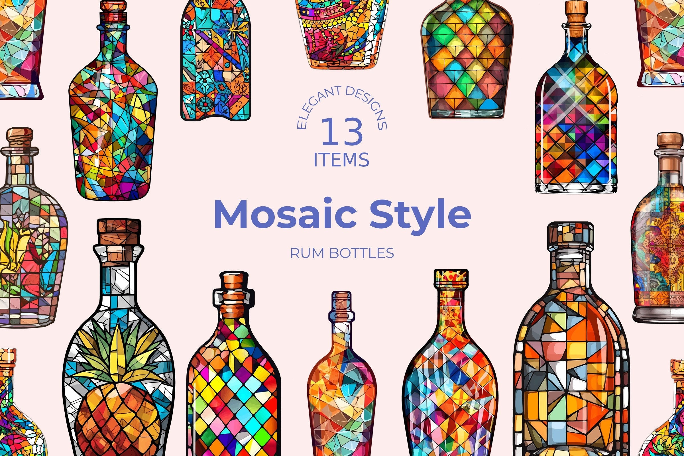 Mosaic Rum Clip Art Bundle 13 Colorful Designs Rum Bottle Clipart ...