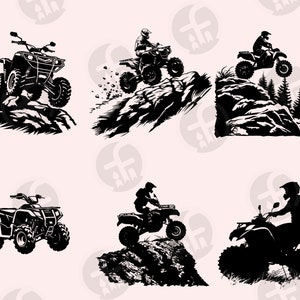 May include: Silhouettes of people riding all-terrain vehicles (ATVs) on rocky terrain. The ATVs are black and the riders are wearing helmets. The background is white.
