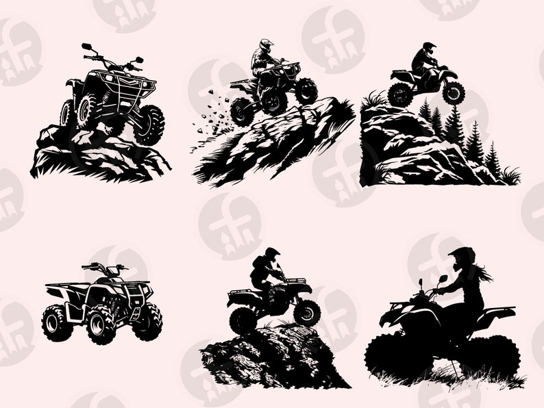 May include: Silhouettes of people riding all-terrain vehicles (ATVs) on rocky terrain. The ATVs are black and the riders are wearing helmets. The background is white.
