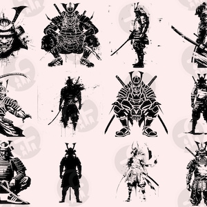 A series of samurai illustrations emphasizing intricate armor details, dramatic action stances, and serene traditional Japanese scenes. Designs range from abstract silhouettes to detailed katana embellishments, embodying the spirit of samurai warrior