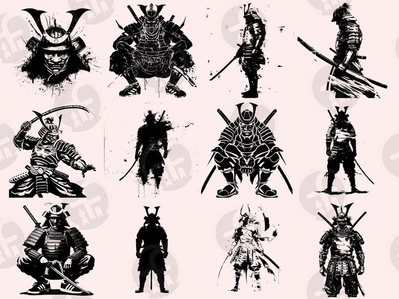 A series of samurai illustrations emphasizing intricate armor details, dramatic action stances, and serene traditional Japanese scenes. Designs range from abstract silhouettes to detailed katana embellishments, embodying the spirit of samurai warrior