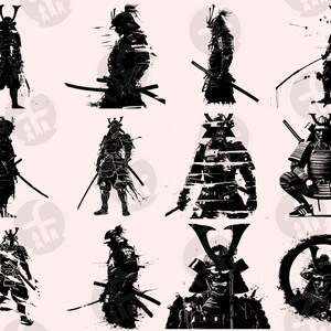 Samurai warriors in diverse stances, from battle-ready to meditative, feature in this collection. Strong contrasts and textured ink splatters enhance the visual impact, complemented by detailed depictions of helmets, weapons, and traditional Japanese