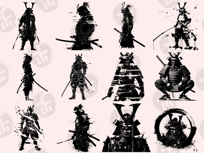 Samurai warriors in diverse stances, from battle-ready to meditative, feature in this collection. Strong contrasts and textured ink splatters enhance the visual impact, complemented by detailed depictions of helmets, weapons, and traditional Japanese