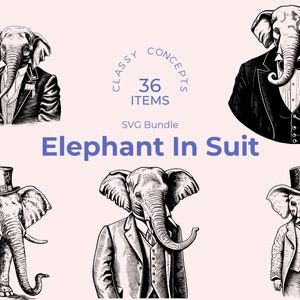 Elephant in Suit SVG Bundle: 36 Vintage Engravings (Digital Download)