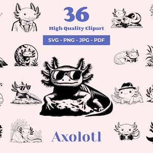 Axolotl SVG Bundle - 36 Cut Files - Aquatic Pet Designs for Laser Cutting, Cricut, and Sublimation - Mexican Salamander - Axolotl PNG