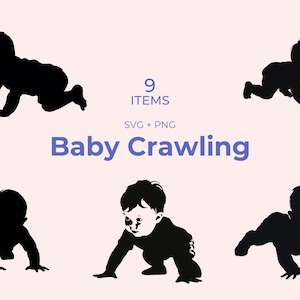 赤ちゃんが這うシルエット SVG - 9 カット ファイル - 愛らしいデザイン - 保育園の壁アート - Cricut ファイル - シルエット対応 - ベビー シャワーの装飾