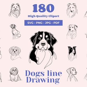Paquete SVG de dibujos lineales de perros: 180 diseños, arte lineal, retratos de mascotas, archivos SVG para Cricut y corte láser, dibujos de una línea para grabado