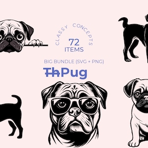 Pug SVG Bundle - 72 Cut Files - Chinese Pug - Dog with Wrinkles - Ideal for Crafting and Cricut Projects