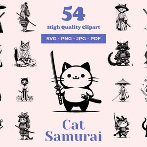 Samurai Cat SVG Bundle: 54 Japanese Clipart Designs (Digital Download)