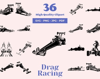 Könnte beinhalten: Ein Satz von 36 hochwertigen Dragster-Silhouetten in Schwarz. Die Silhouetten sind in verschiedenen Posen, darunter Autos, die eine Strecke entlang rasen, Autos mit Rauch aus den Reifen und Autos mit einem Fahrer am Steuer. Der Text "Drag Racing" befindet sich am unteren Rand des Bildes.
