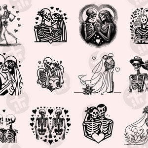 May include: A collection of 10 black and white illustrations of skeletons in various poses, including dancing, holding hands, and wearing wedding attire. The illustrations are surrounded by hearts and floral elements.