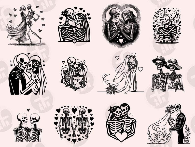 May include: A collection of 10 black and white illustrations of skeletons in various poses, including dancing, holding hands, and wearing wedding attire. The illustrations are surrounded by hearts and floral elements.