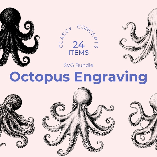 Octopus SVG bundle - 24 Vintage engravings - Cut files - Marine Mystique, Dark Academia, Black and White, Cephalopod Charm, Nautical Art