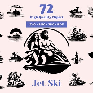 Jet Ski SVG Bundle - 72 fichiers - Silhouettes de sports nautiques pour découpe laser, Cricut et sublimation - Clipart motomarine haute vitesse