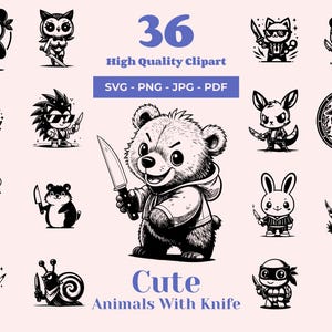 Cute Animals with Knife SVG Bundle - 36 Designs - Cocky clipart - Tattoo Flash Style - Street style for Cricut, Laser Cut, Stickers & Decals
