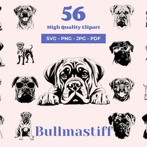 Bullmastiff SVG Bundle - 56 Schnittdateien - Der Nachthund des Wildhüters - Starke Rasse - Ideal für DIY Handwerk und Cricut Projekte - Laserdateien