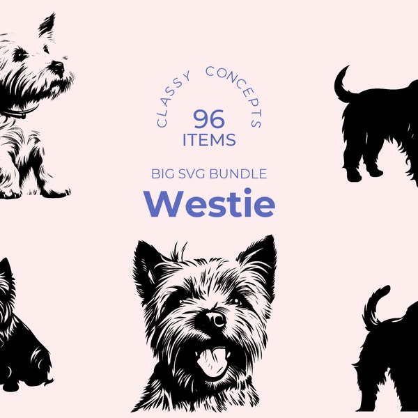 Westie SVG Bundle - 96 fichiers coupés - West Highland White Terrier Dog Art - Sublimation et PNG transparent - Playful Terrier Clipart